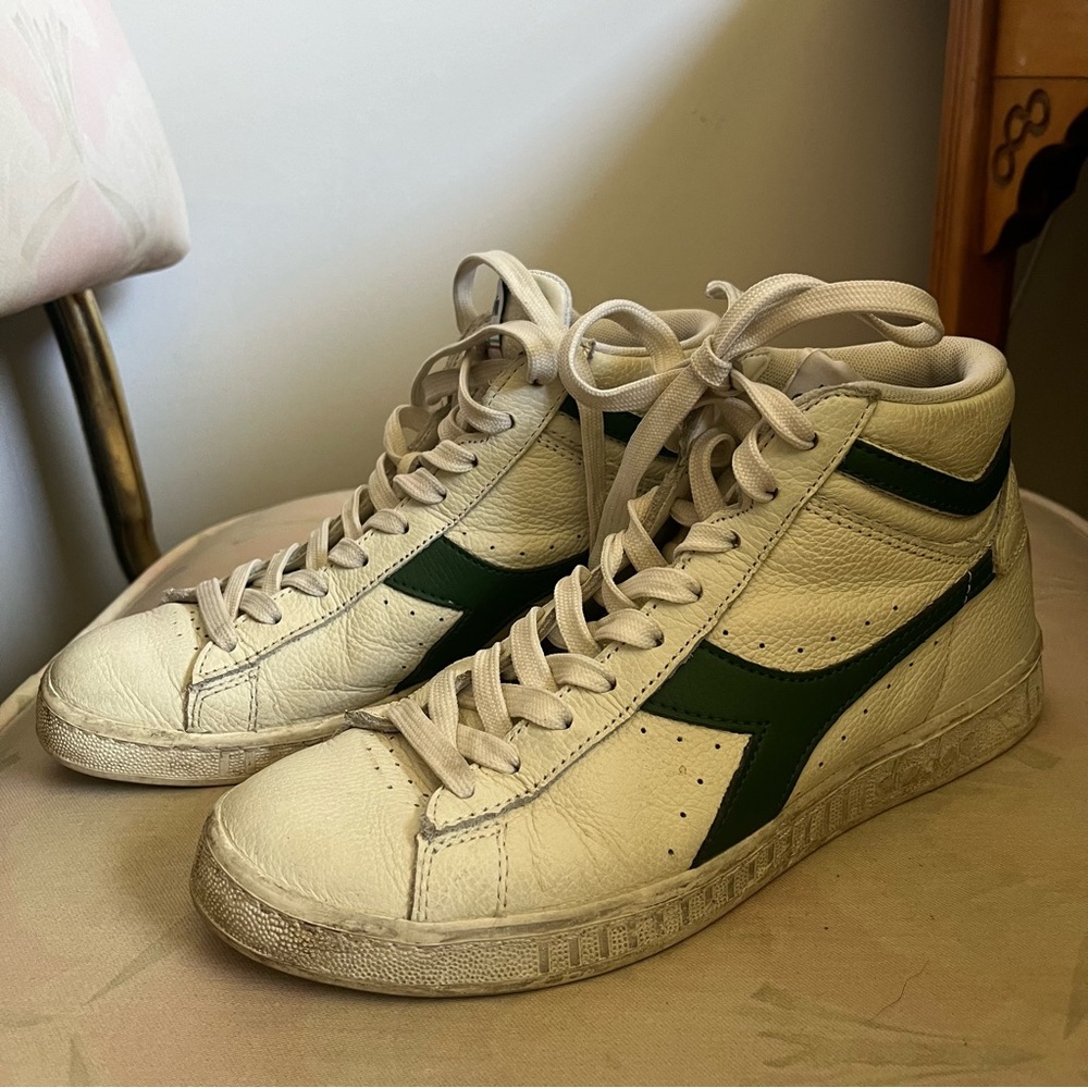 Diadora White and Dark Green High-Top Sneakers
